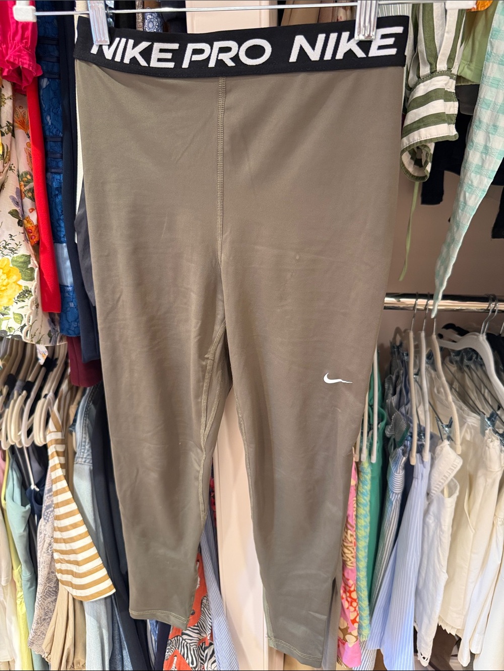 Nike Olive Green Pro Compression Leggings with Black Waistband